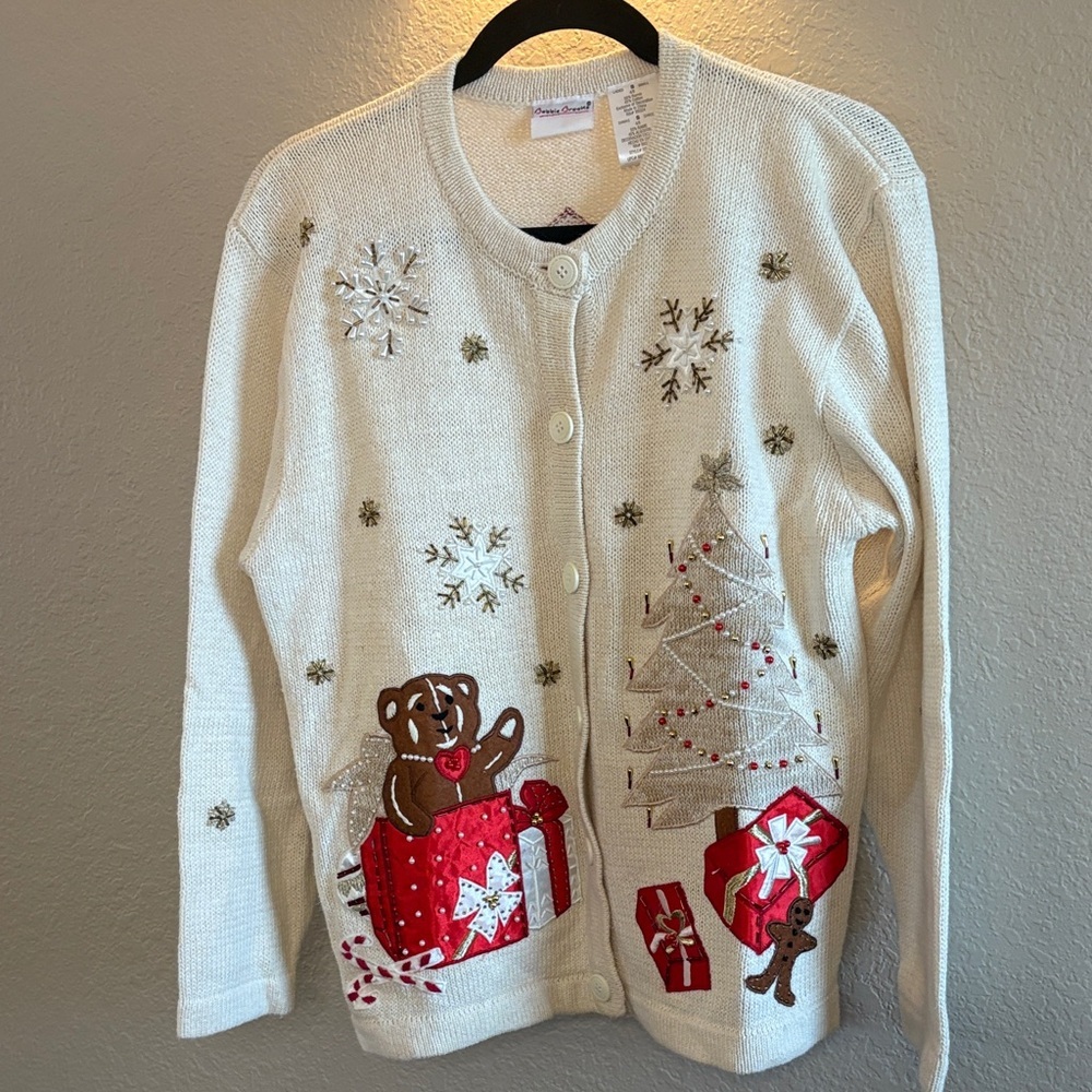 Bobbie Brooks Cream Holiday Cardigan with Red & Brown Accents